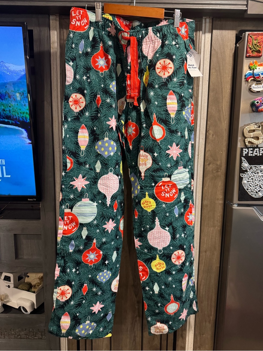 Old Navy Green Holiday Ornament Pajama Pants with Red Drawstring